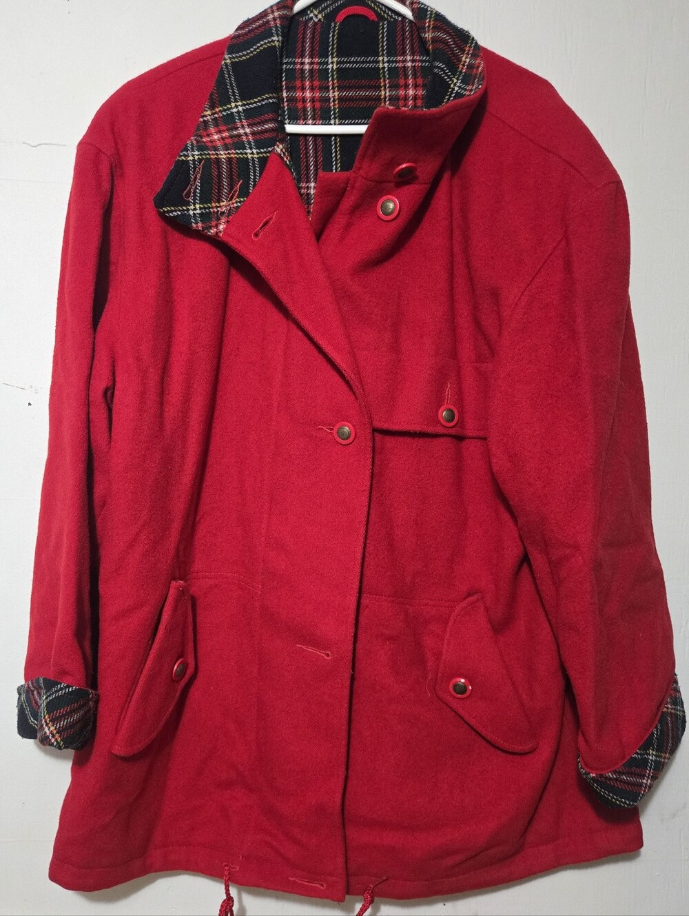 Vtg 80s Mackintosh New England All Outdoors Red Wool Coat Plaid Cape Back XL 1X